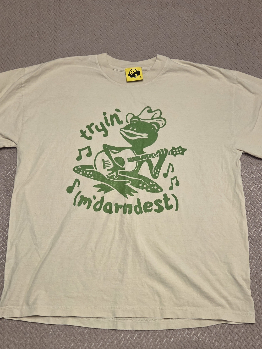 Just Ok Company Cream T-Shirt with Green Frog Guitar Graphic